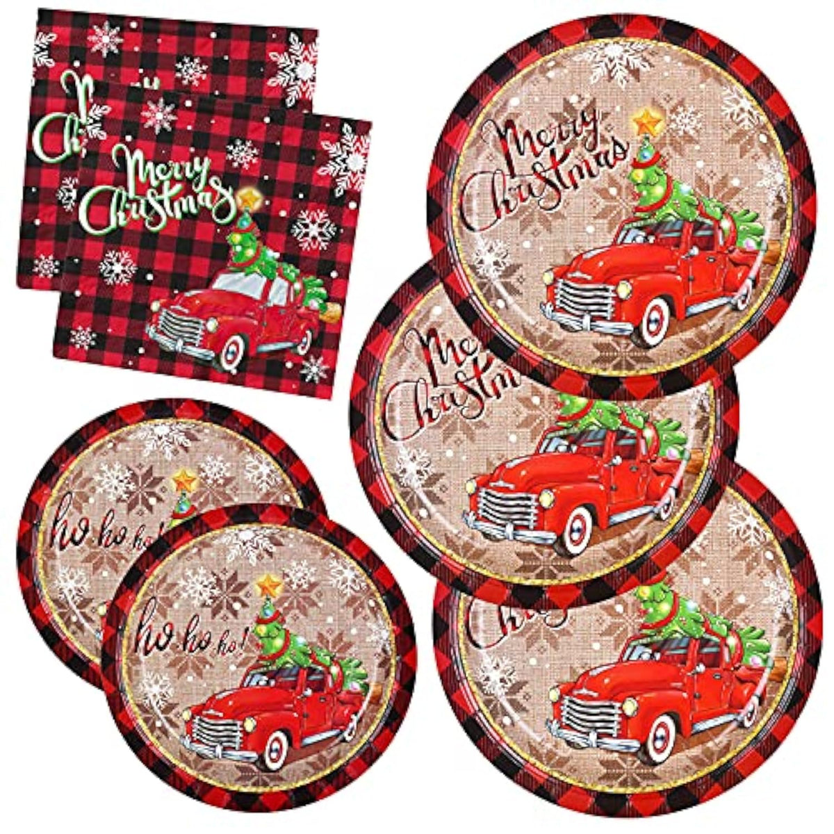 Pickup Truck Christmas Tree Disposable Paper Plates And Napkins For Merry Christmas Party Supplies - Serve 50