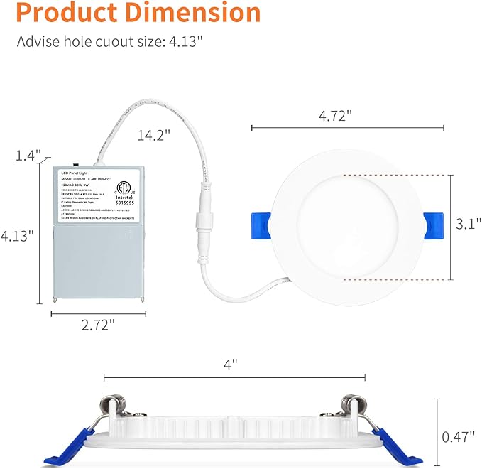 12 Pack 4 Inch LED Recessed Ceiling Lights with Junction Box 9W Dimmable Canless Ultra Thin Downlight 5 Color Selectable 2700K to 5000K Energy Saving LED Ceiling Fixtures for Home Office Kitchen