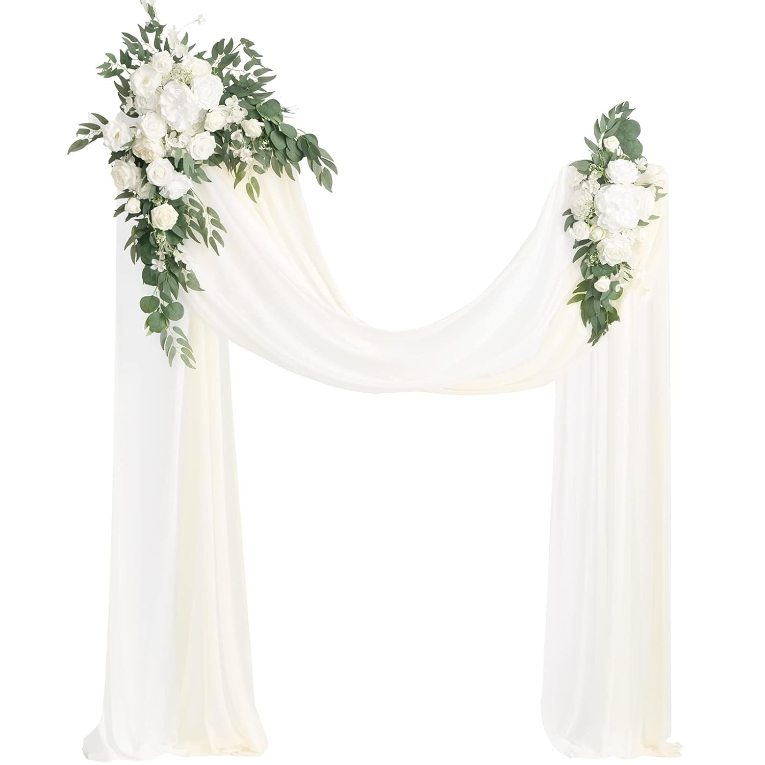 Artificial Wedding Arch Flowers Kit Pack Of 4, 2Pcs Hanging Silk Flowers Arrangement 2Pcs Chiffon Drapes Ceremony Spring Fake Rose Arbor Backdrop White Sage Floral Party Outdoor Decor