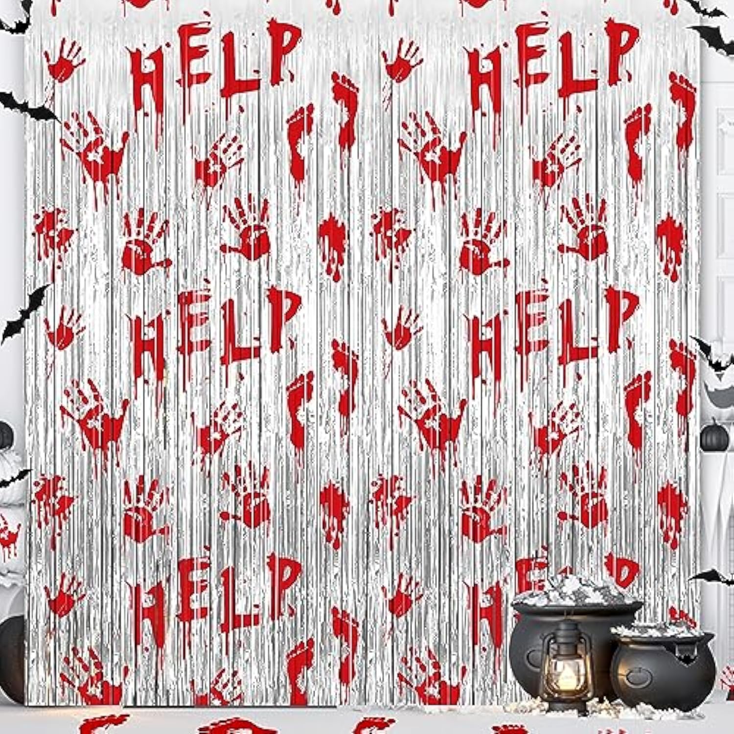 2 Pack Bloody Halloween Foil Fringe Curtains 3.3x6.6ft Scary Zombie Vampire Decor