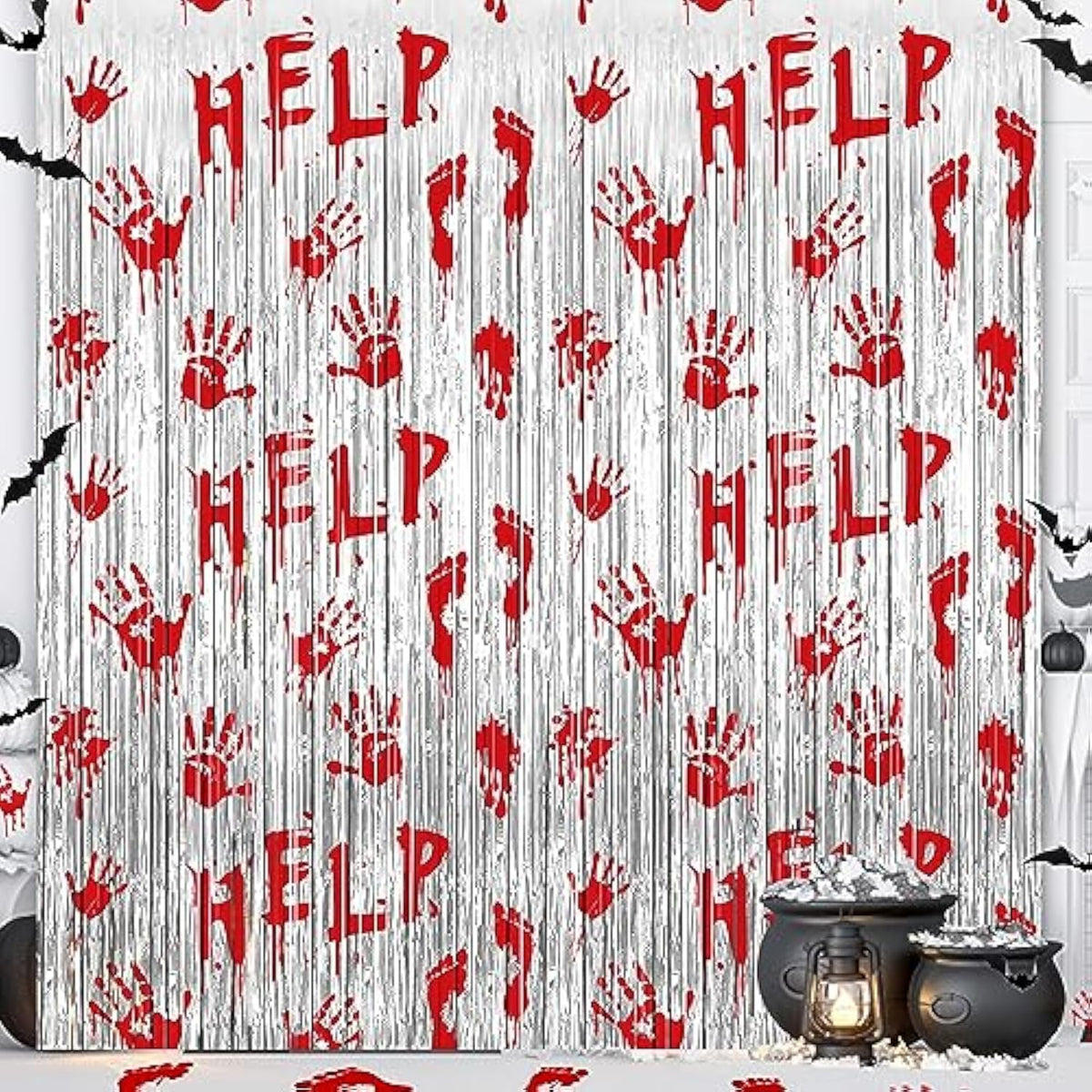 2 Pack Bloody Halloween Foil Fringe Curtains 3.3x6.6ft Scary Zombie Vampire Decor