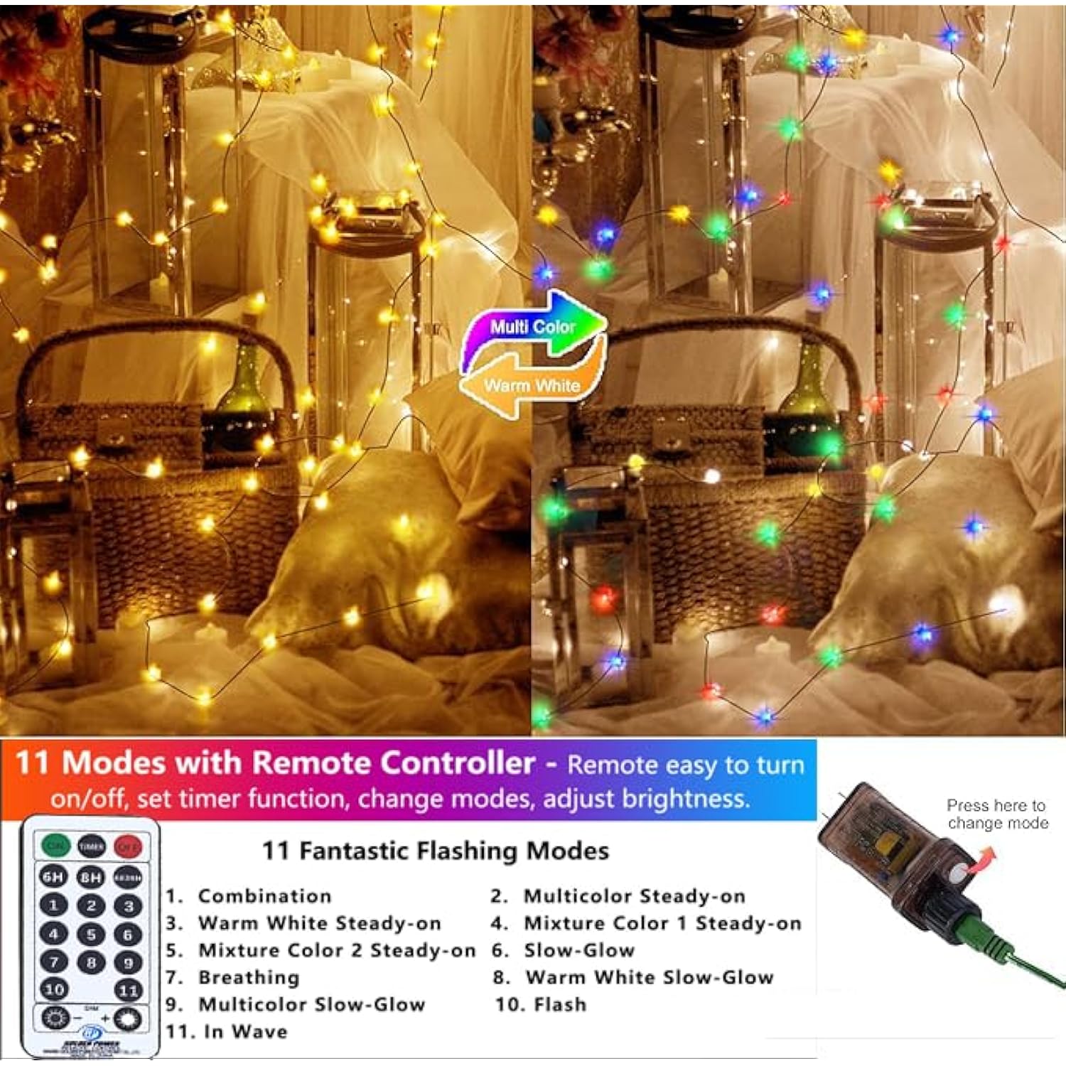 Outdoor Indoor String Lights Christmas 500Led Warm White Multicolor Fairy Lights 164Ft Green Wire Dimmable With Remote C