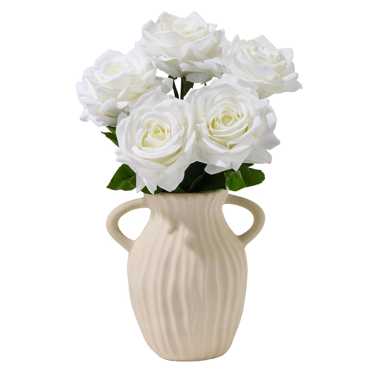 Artificial Flowers, 5Pcs Real Touch White Roses, 4.3''Big Flower Head Faux Silk Roses Bouquets For Wedding Diy & Home Table Centerpieces Decoration