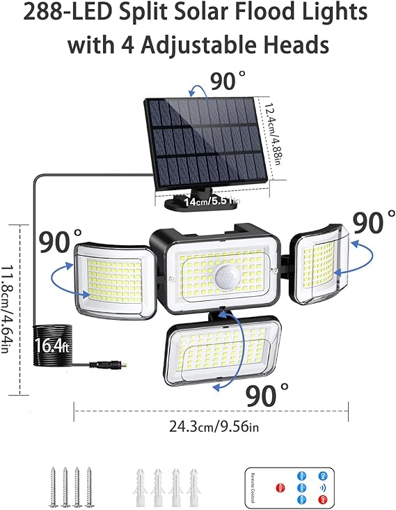 2 Pack 3500LM Solar Security Lights 288 LED IP67 Waterproof 4 Head Motion Sensor Flood Lights