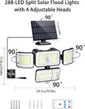 2 Pack 3500LM Solar Security Lights 288 LED IP67 Waterproof 4 Head Motion Sensor Flood Lights