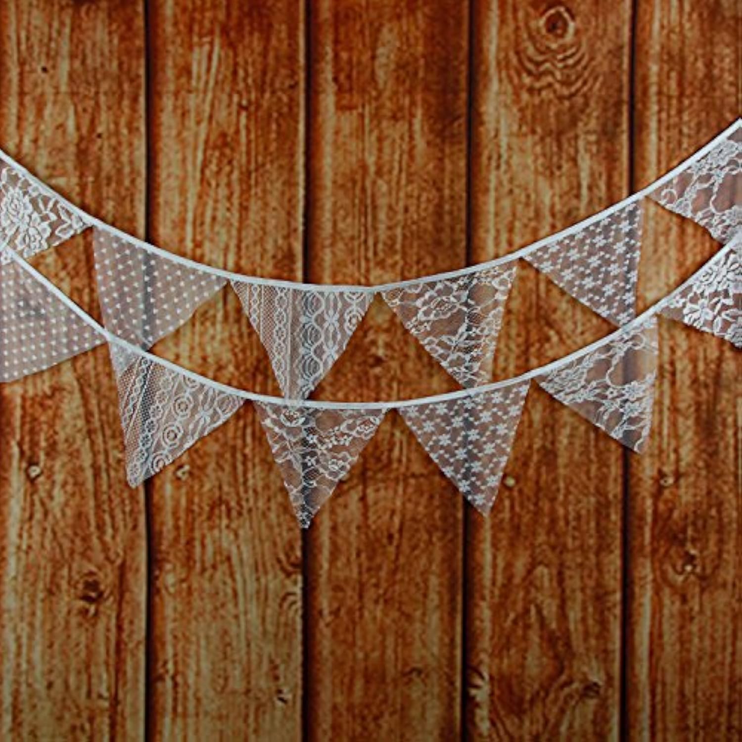 White Floral Lace Pennant Banner, Fabric Triangle Lace Bunting Flag Garland - 10.8 Feet