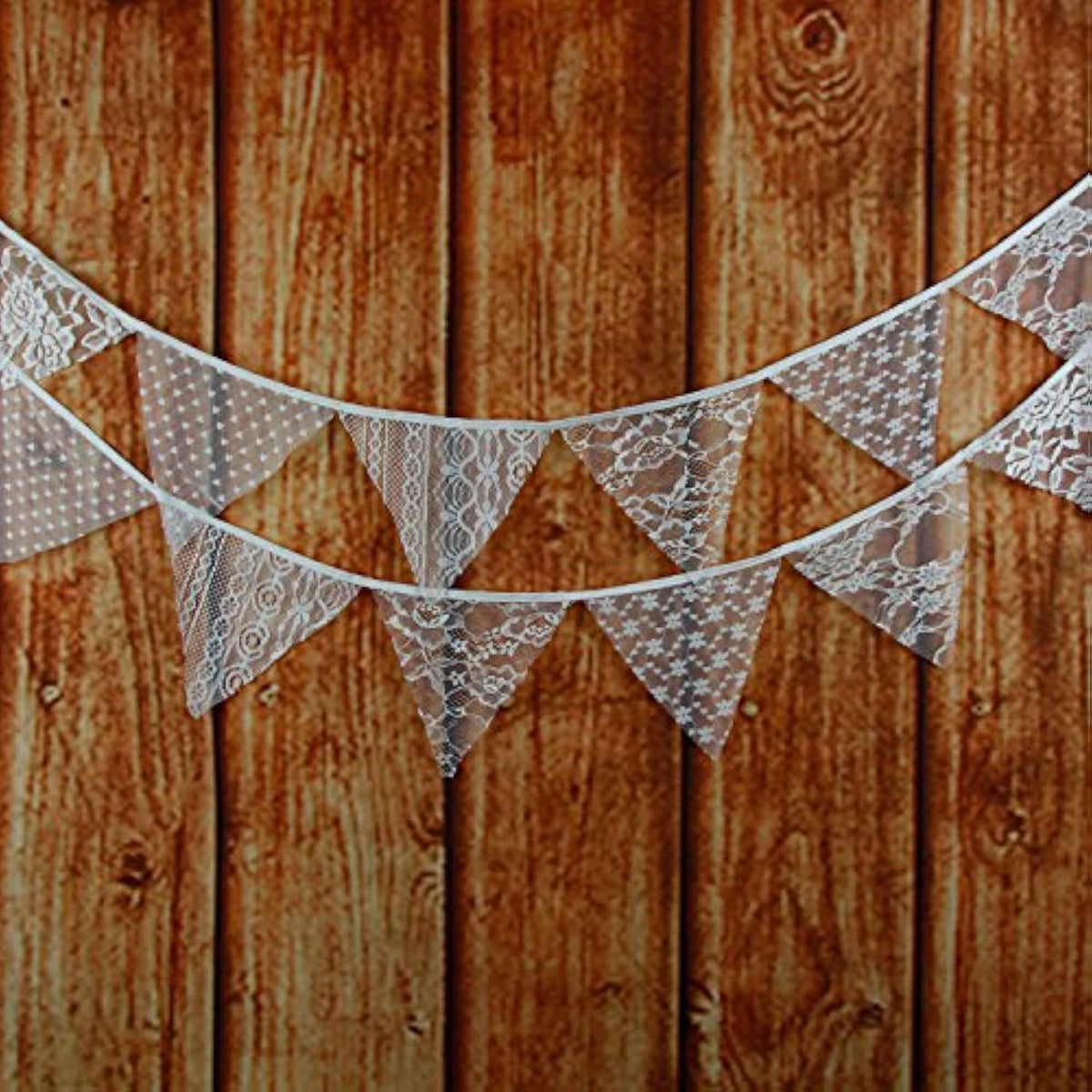 White Floral Lace Pennant Banner, Fabric Triangle Lace Bunting Flag Garland - 10.8 Feet