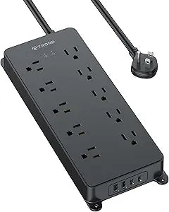 Surge Protector Power Strip 10 Outlets 4 USB Ports 2 USB C 4000J 5FT Flat Plug Wall Mount Black