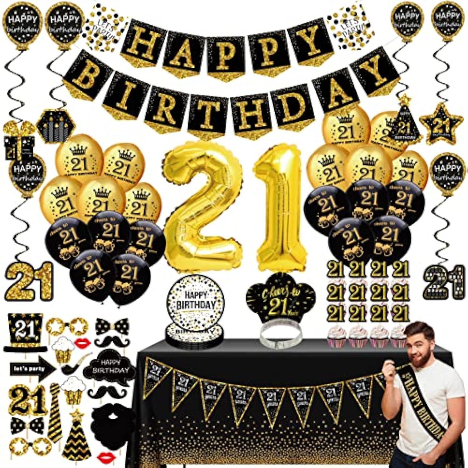 21St Birthday Decorations For Him - Black Gold Party Pack (76Pc), Includes Banner, Pennant, Swirls, Balloons, Tablecloths, Cupcake Toppers, Crown, Plates, Photo Props, Sash