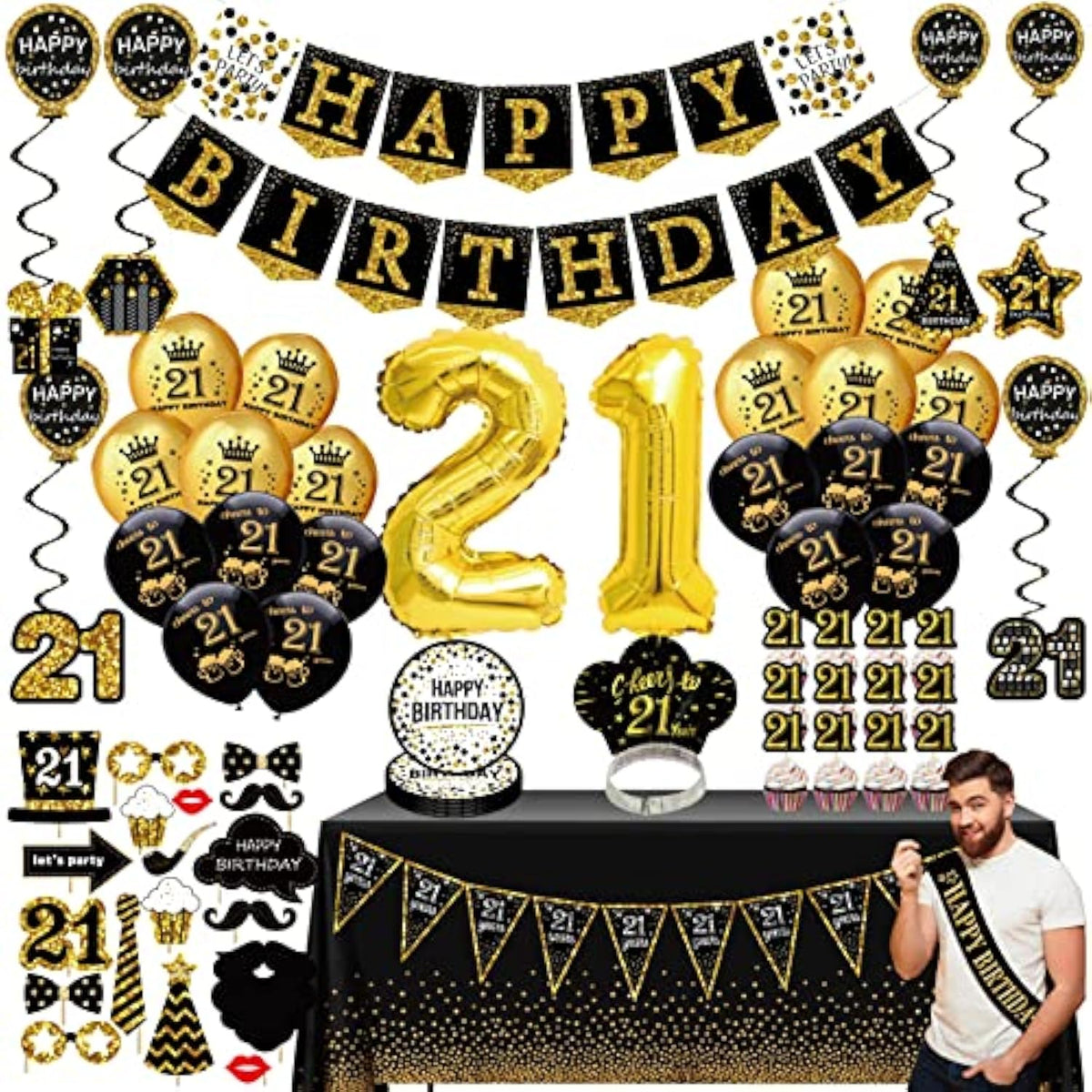 21St Birthday Decorations For Him - Black Gold Party Pack (76Pc), Includes Banner, Pennant, Swirls, Balloons, Tablecloths, Cupcake Toppers, Crown, Plates, Photo Props, Sash