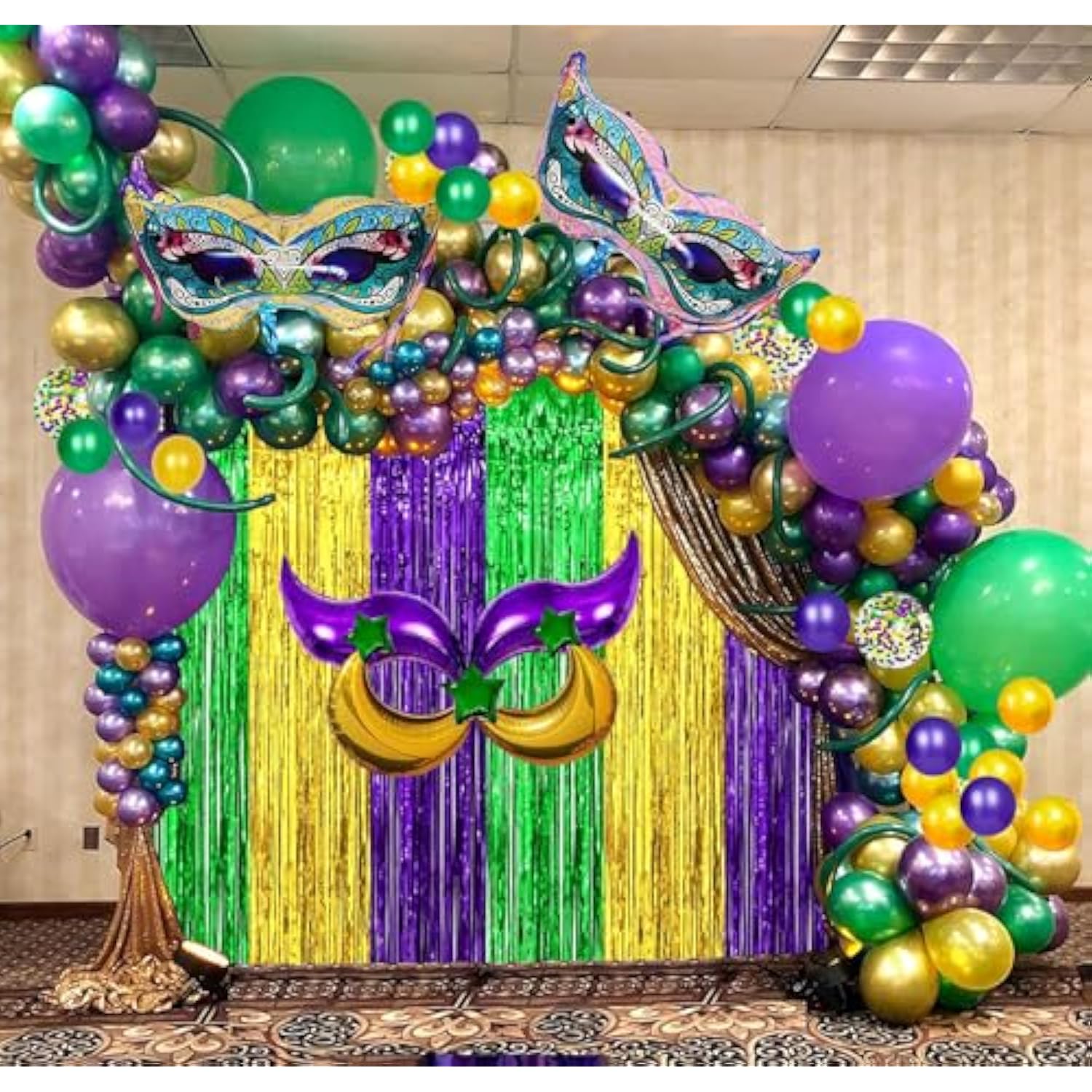 116 Pcs Mardi Gras Decorations - 2Pack Mardi Gras Tinsel Foil Fringe Curtains With Big Aluminum Mask Balloons Green Purple Yellow Mardi Gras Balloons For Mardi Gras Party Carnival Decoration