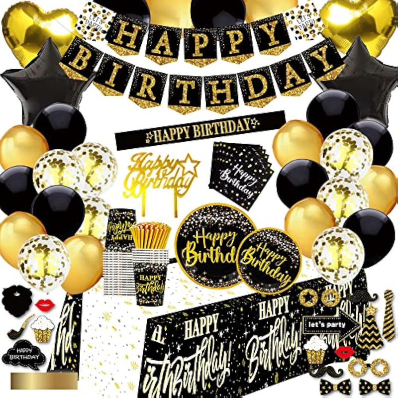 Black And Gold Birthday Party Decorations - (Total 169Pcs) Happy Birthday Supplies For Women And Men, Balloons,Tablecloth,Foil Backdrops,Plates,Cups,Photo Props,Sash,Tableware For 24 Guests