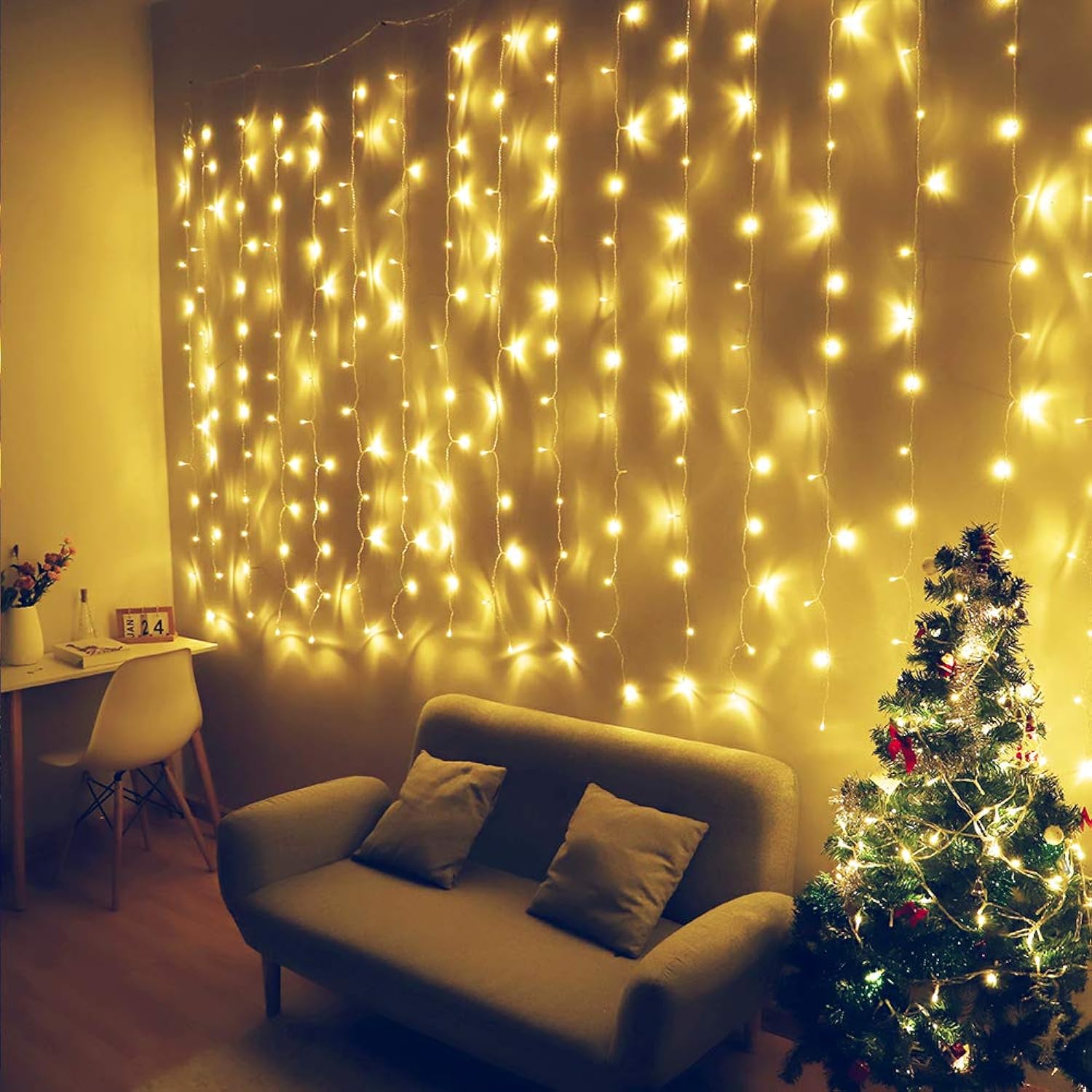 Fiee Curtain Lights,13Ftx6.5Ft Safety Window Curtain Icicle String Lights 30V 8 Modes For Christmas Wedding Party Family
