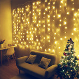 Fiee Curtain Lights,13Ftx6.5Ft Safety Window Curtain Icicle String Lights 30V 8 Modes For Christmas Wedding Party Family