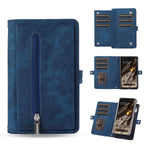 Pixel Fold Leather Wallet Case, 9 Card Slots, Kickstand, Zipper - Blue