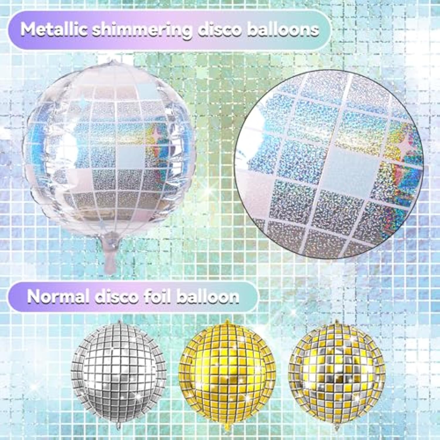 6Pcs 22 Inch Iridescent Disco Ball Balloons, Iridescent Big Disco Balloons, Silver 4D Large Foil Aluminum Balloon For Birthday Baby Shower Party Wedding Anniversary Engagement Bridal Shower Decor