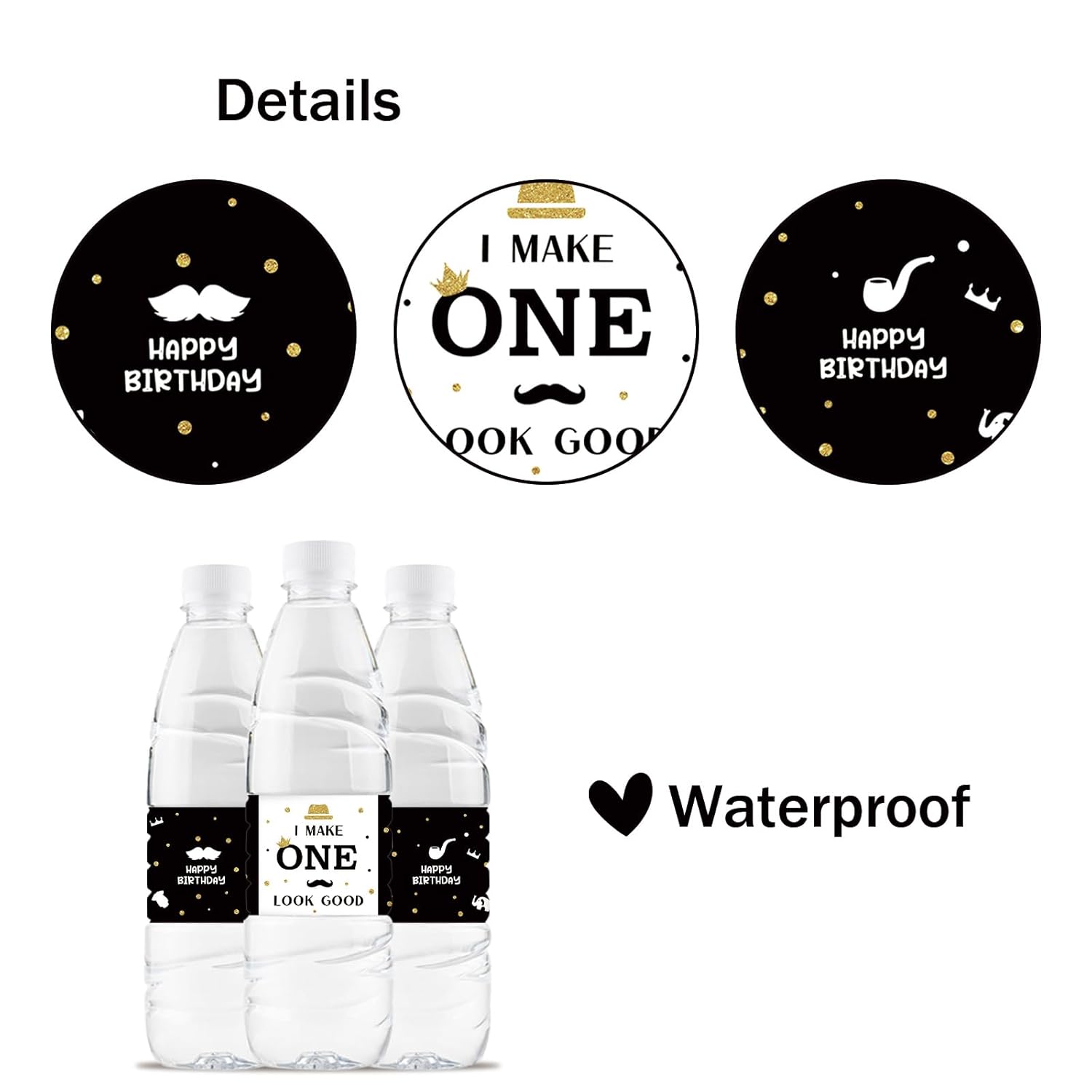 32 Pcs Happy 1St Birthday Water Bottle Labels, One Year Old Birthday Water Bottle Labels For Boys, Little Men Bottle Wrappers, Baby Shower Party Water Labels - Black Glitter