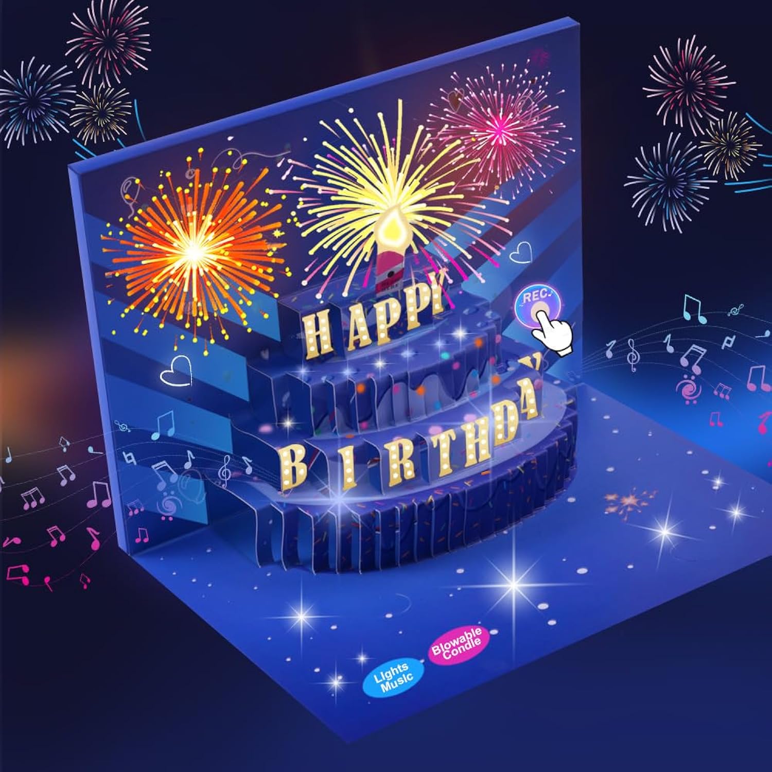 Birthday Cards With Recording Function Fireworks 3D Pop Up Blowable Led Candle Birthday Cake Light And Music Happy Birthday Greeting Cards Gift For Mom Women Sisters Grandma Kids Wife