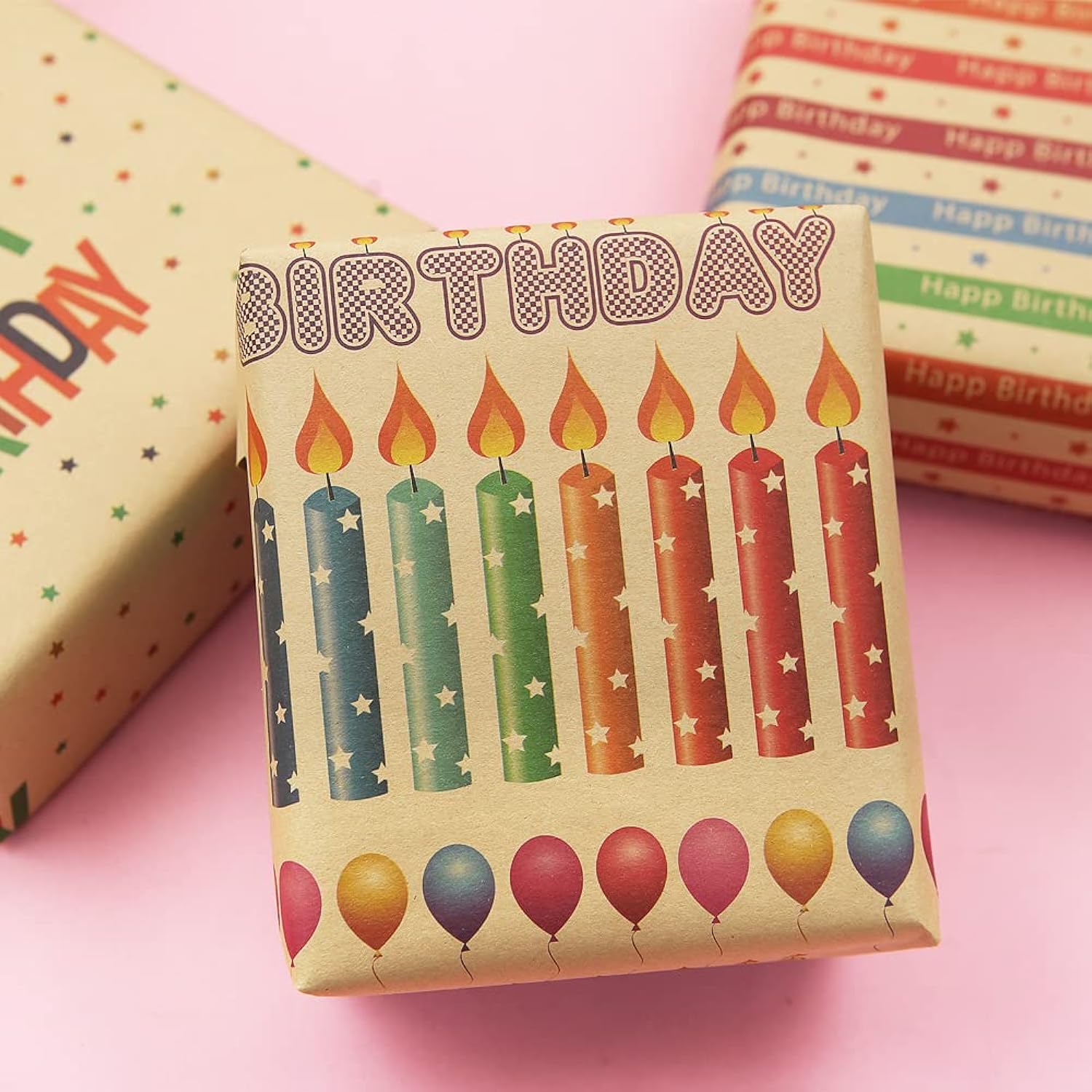 Kraft Colorful Happy Birthday Wrapping Paper For Men Women Boys Girls Kids, 4 Sheets In 4 Designs Folded Flat 20X28 Inches Per Sheet For Birthday Party, Gift Wrapping, Crafts & More