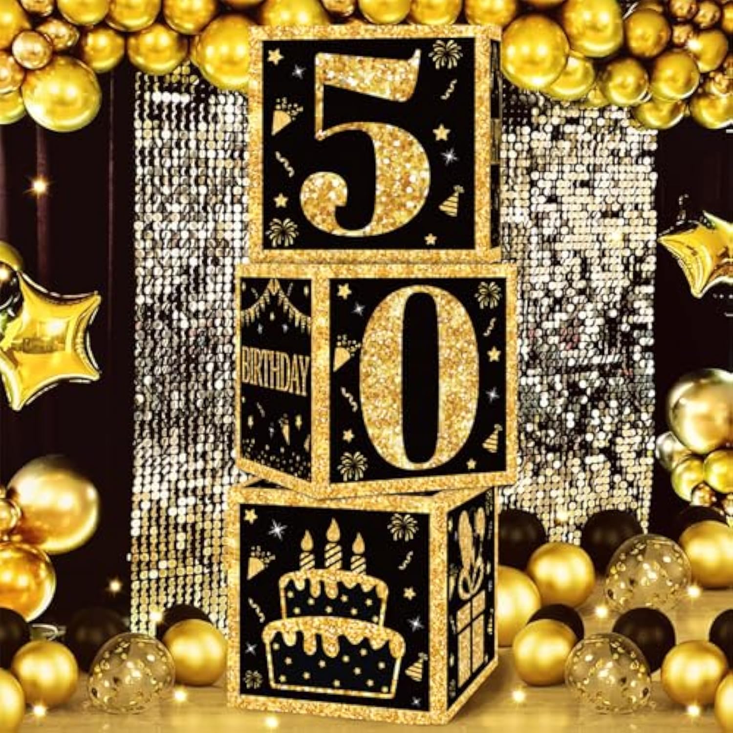 50Th Birthday Decorations Boxes For Men- 3Pcs Black Gold Happy 50Th Birthday Balloons Boxes, 50 Year Old Party Supplies For Men Women