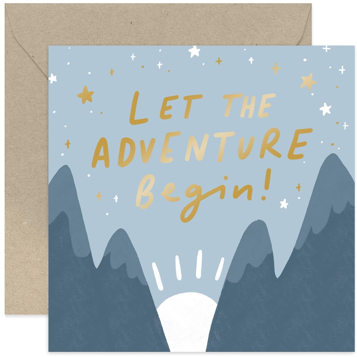 Old English Co. Let The Adventure Begin Good Luck Card For Him Her - Well Done New Job, Graduation, Leaving, Retirement, Moving Card - Gold Foil Mountain Design | Blank Inside With Envelope