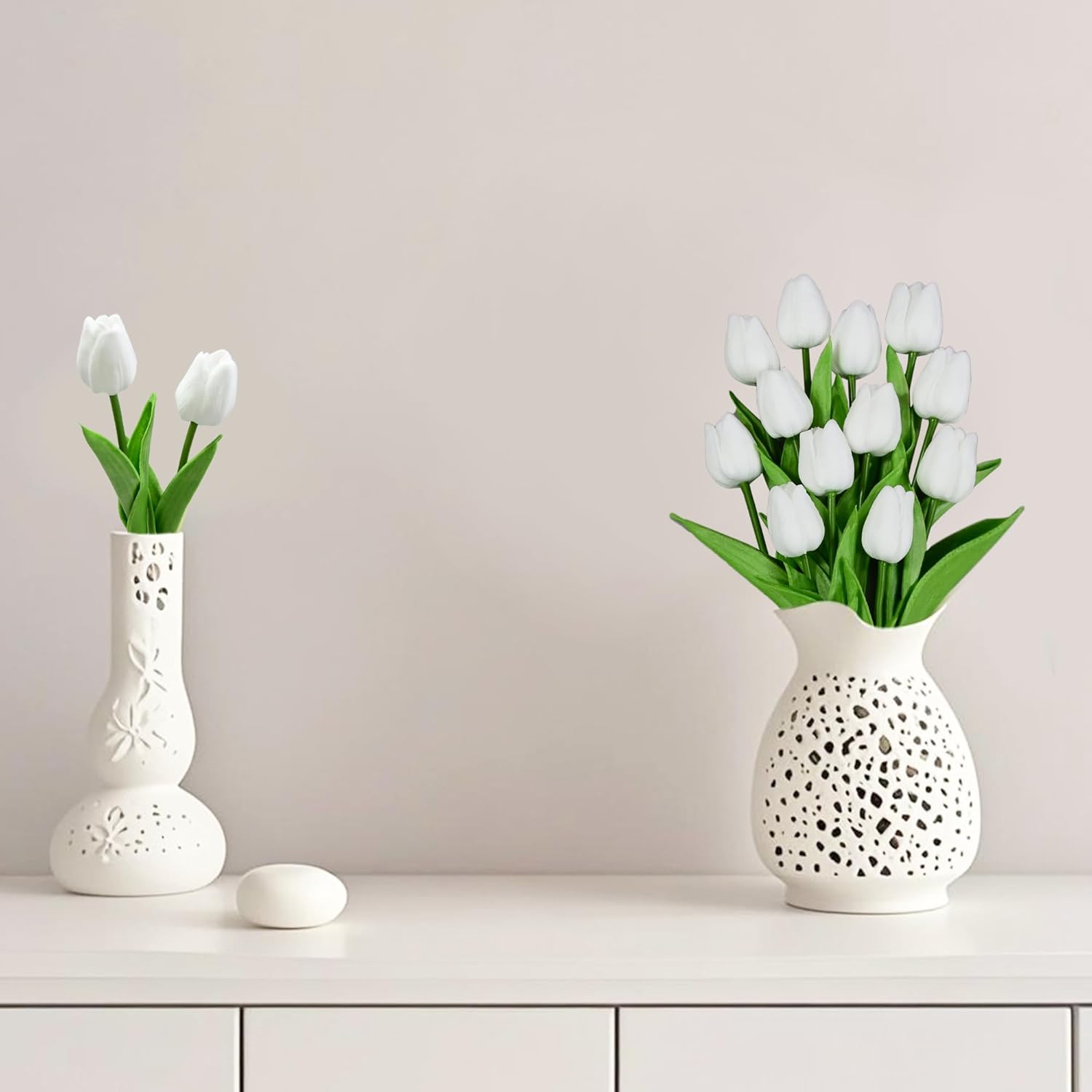 12Pcs White Tulips Artificial Flowers, 13.4" Artificial Pu Flowers Fake Tulips For Spring Mother'S Day Easter Valentine’S Day Gifts In Home Kitchen Wedding Dining Table Decorations