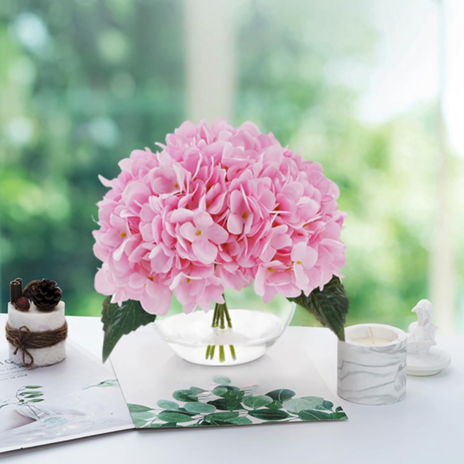 Hydrangea Artificial Flowers With Vase Blue Silk Fake Flowers Arrangements In Glass Vase With Faux Water For Home Decor Indoor (Pink)