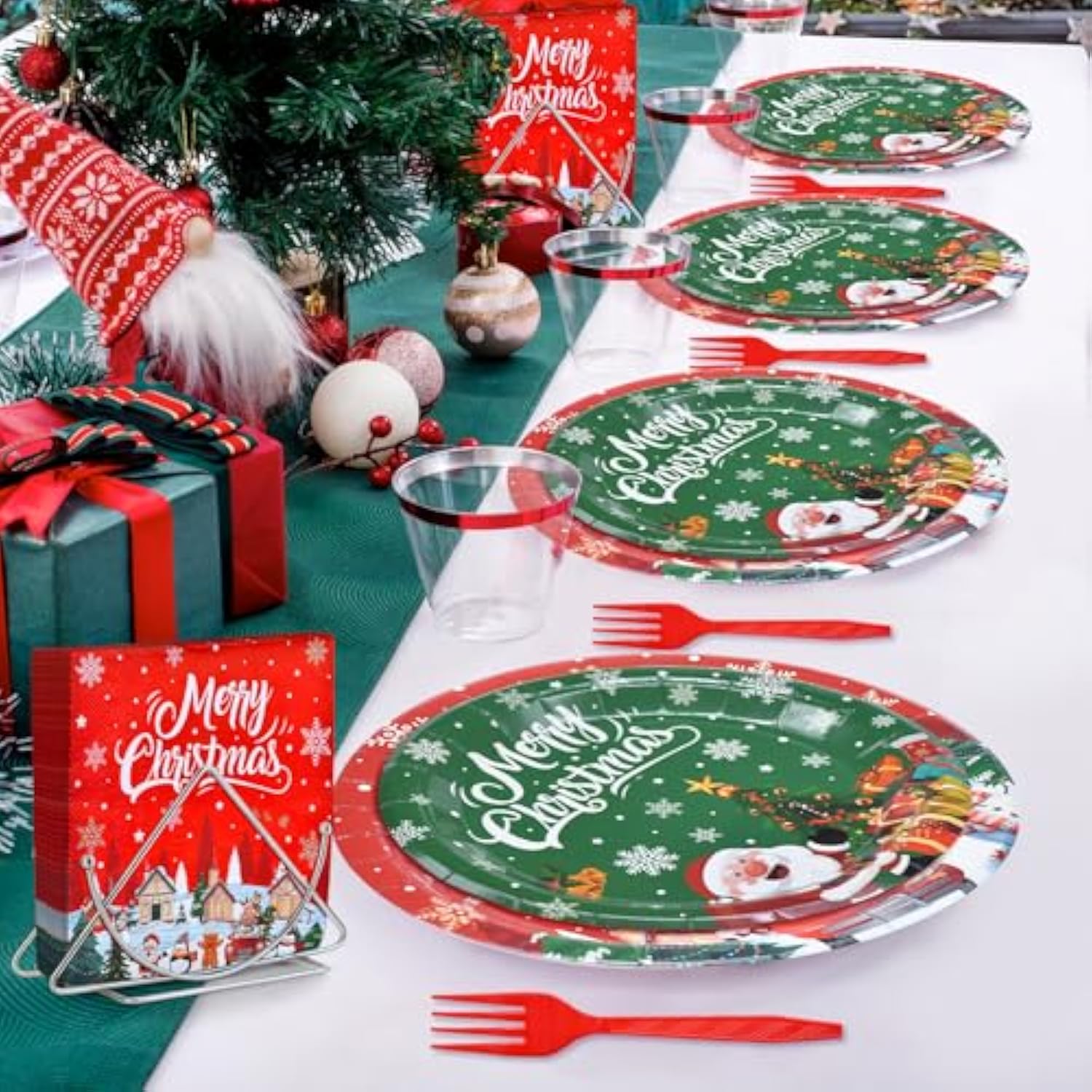 100 Pcs Christmas Tableware Party Supplies – Disposable Merry Christmas Dinnerware Set With Paper Plates, Napkins, And Utensils For Holiday Party, Winter Celebration – Serves 25