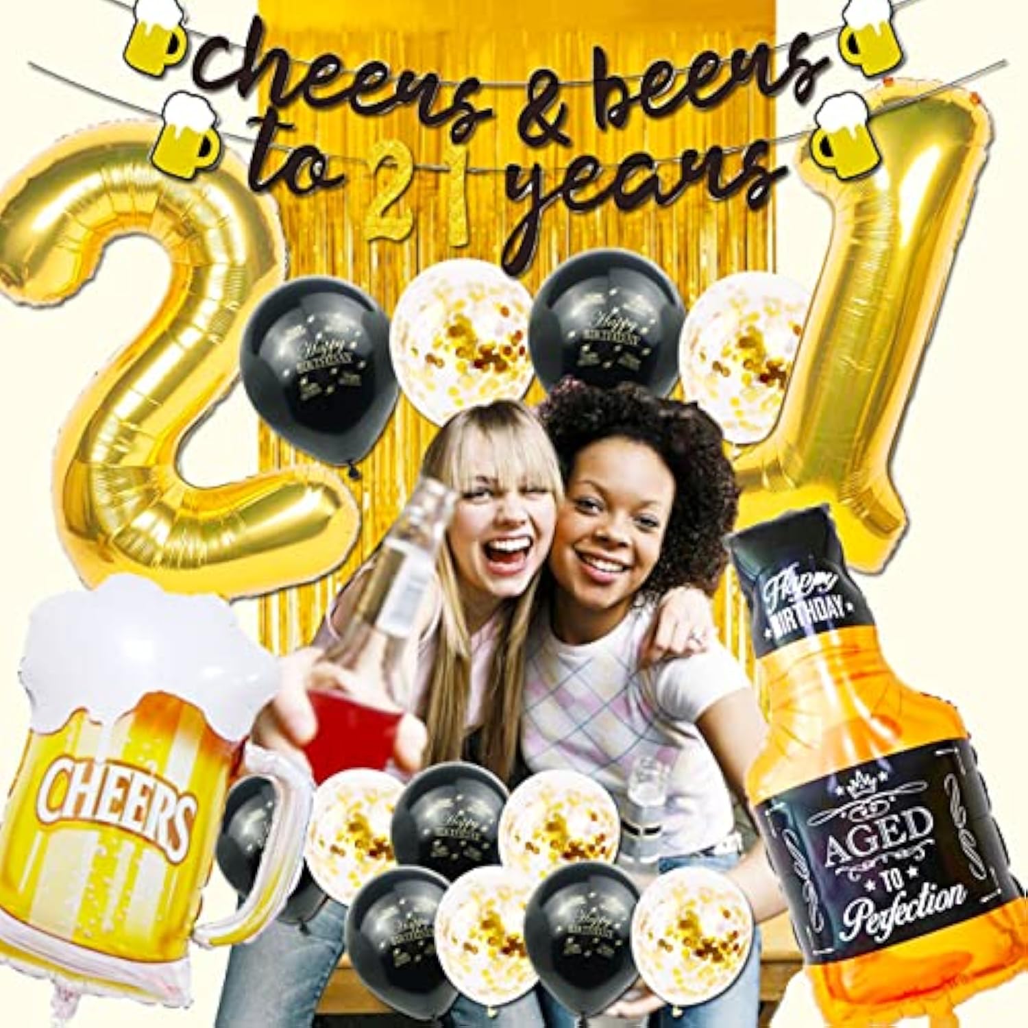 21St Birthday Decorations For Him, 21St Birthday Decorations With 40 Inch Gold 21 Number Balloons, Cheers To 21 Years Banner,Fringe Curtains And Cups Foil Balloons