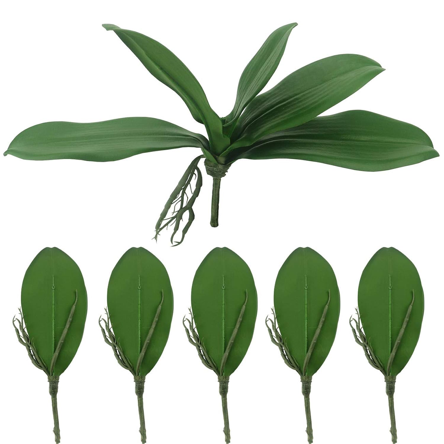 Artificial Green Phalaenopsis Simulation Moth Orchid Leaf Real Latex Touch Green Plant For Flowers Garden Bonsai Decor (5, 9.5"/5 Leaves)