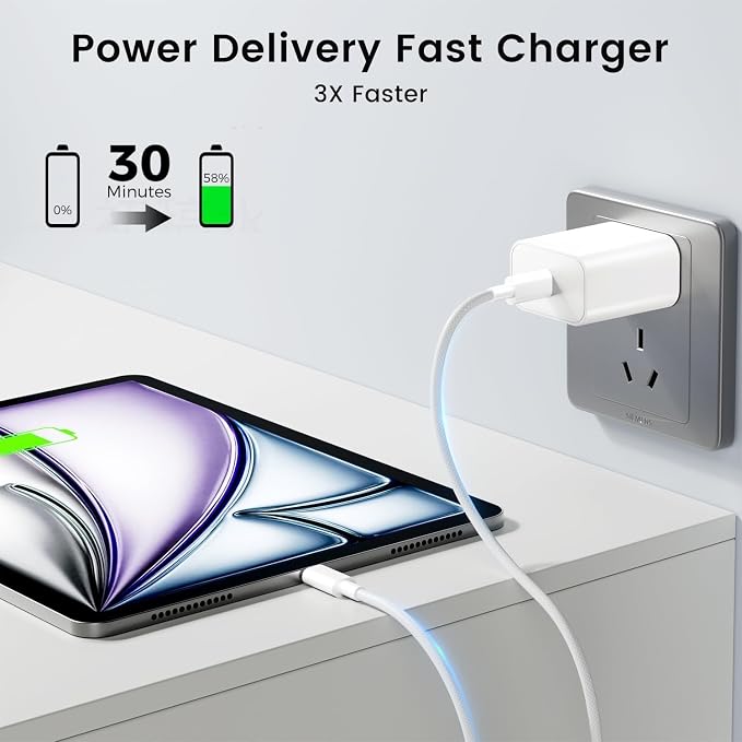 20W USB C Fast Charger with 10FT Braided Cable for iPad Pro Air Mini 10th 11th Gen