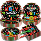 200pcs Christmas Ugly Sweater Party Plates Red Green Disposable Tableware Set