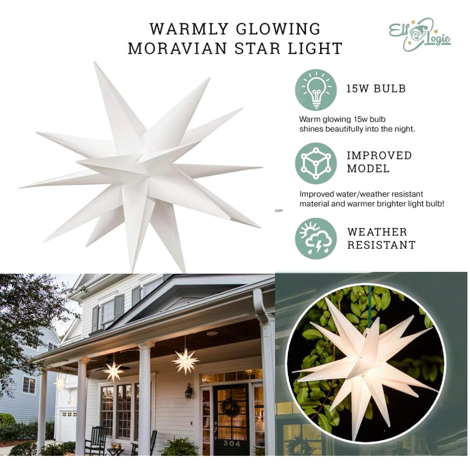 Large 18” Easy Assembly Warm White Led Moravian Star - Hanging Outdoor Christmas Light - Use As Holiday Decoration, Porc