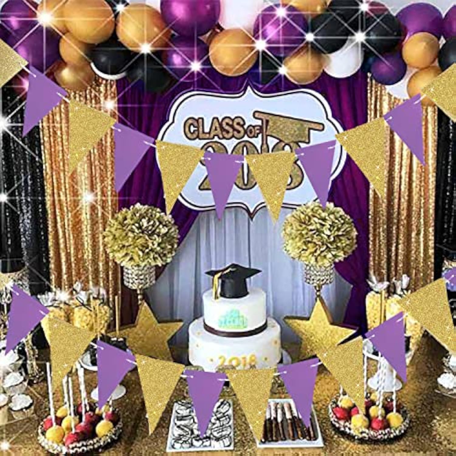 Graduation Party Decorations Purple Gold 2025/Purple Birthday Party Decorations/Purple Gold Graduation Decorations Nyu Lsu/2Pcs Triangle Bunting Banners For Purple Wedding
