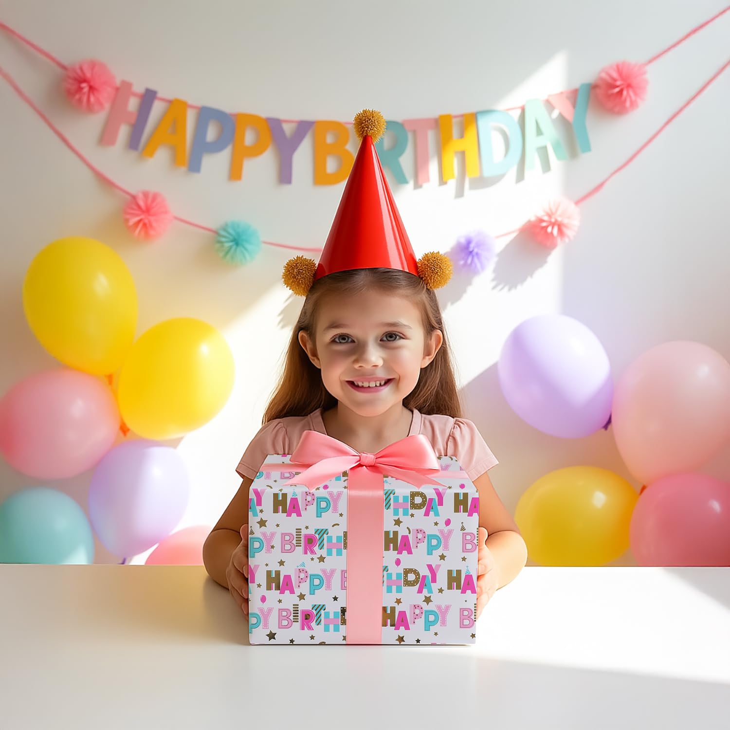 Birthday Wrapping Paper Roll - 1 Roll(17" X 33Ft) - Pastel Happy Birthday Gift Wrap Supplies For Kids