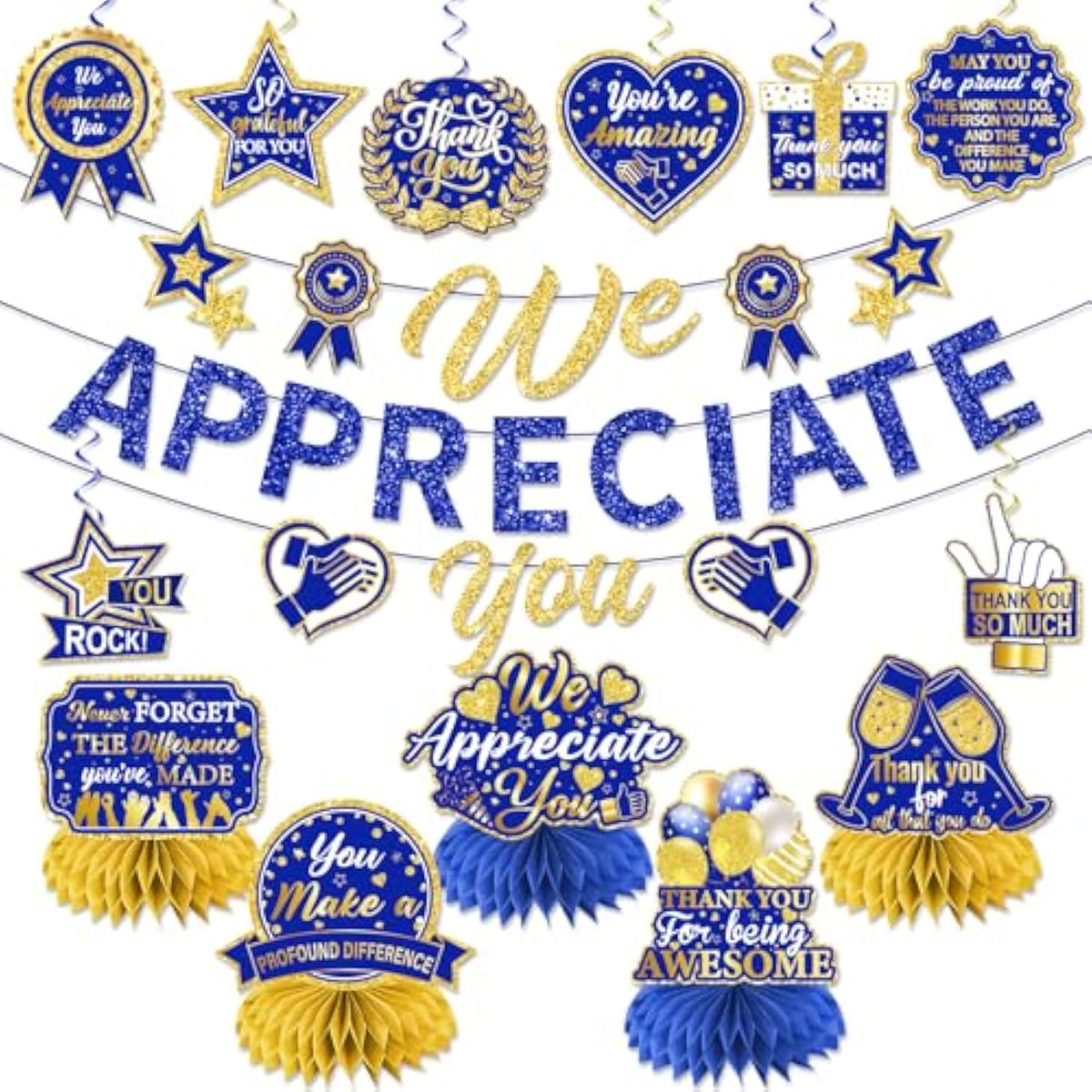We Appreciate You Decorations, Navy Blue Gold Thank You Decorations Includes We Appreciate You Banner And Employee Appreciation Table Decorations And Hanging Swirls For Pastor Appreciation Decorations