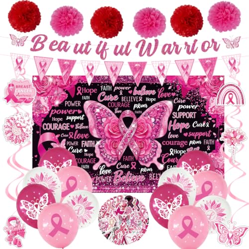 Breast Cancer Awareness Decorations Kit, Banner Backdrop Balloons Hanging Swirls Tissue Pom Poms Stickers, Pink Ribbon Party Supplies for Fundraiser Survivor Celebration Awareness Event