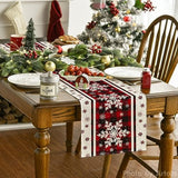 Buffalo Plaid Snowflakes Christmas Table Runner, Seasonal Winter Kitchen Dining Table Decoration For Home Party Decor 13X72 Inch