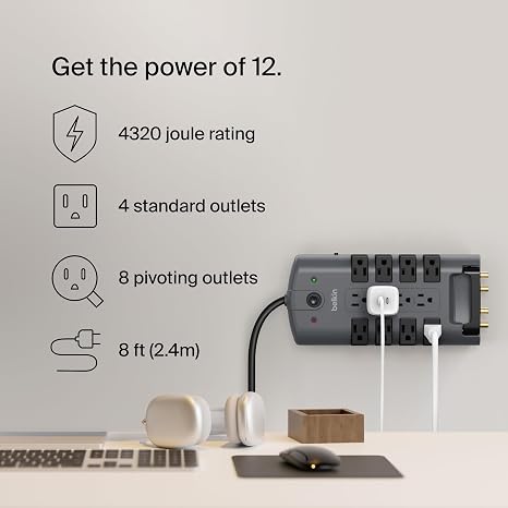 Surge Protector Power Strip 12 Outlets 8FT Flat Pivot Plug Extension Cord 4320J Heavy Duty