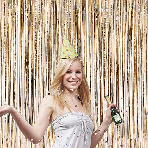 2 Pcs 3.2ft x 8.2ft Champagne Gold Metallic Tinsel Foil Fringe Curtains Photo Booth Backdrop for Baby Shower Birthday Wedding Holiday Celebration Bachelorette Party Decorations