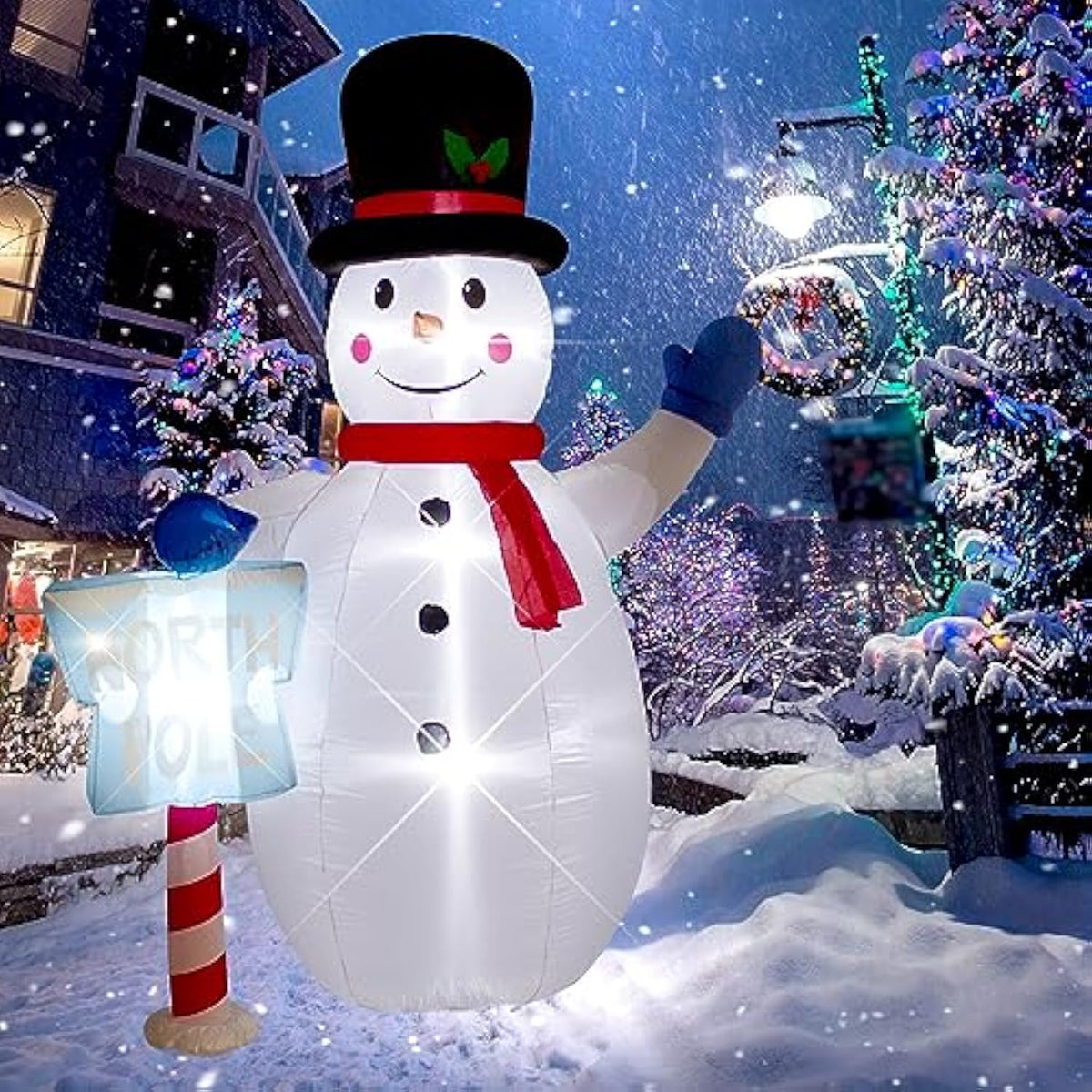 8 Foot Christmas Inflatable Snowman With North Pole Sign Led Lights Decoration?Giant Christmas White Snowmen & Street Si
