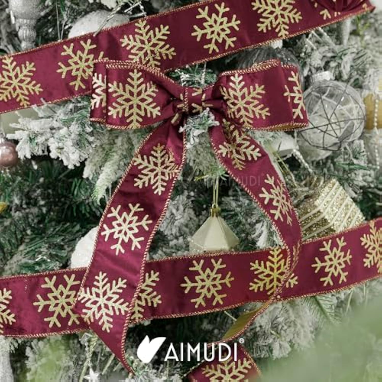Burgundy And Gold Christmas Velvet Ribbon Wired 2.5 Inch Glitter Snowflake Wired Ribbon For Wreaths, Christmas Tree, Gift Wrapping, Garland, Holiday Crafts, Topper Bows, 10 Yards