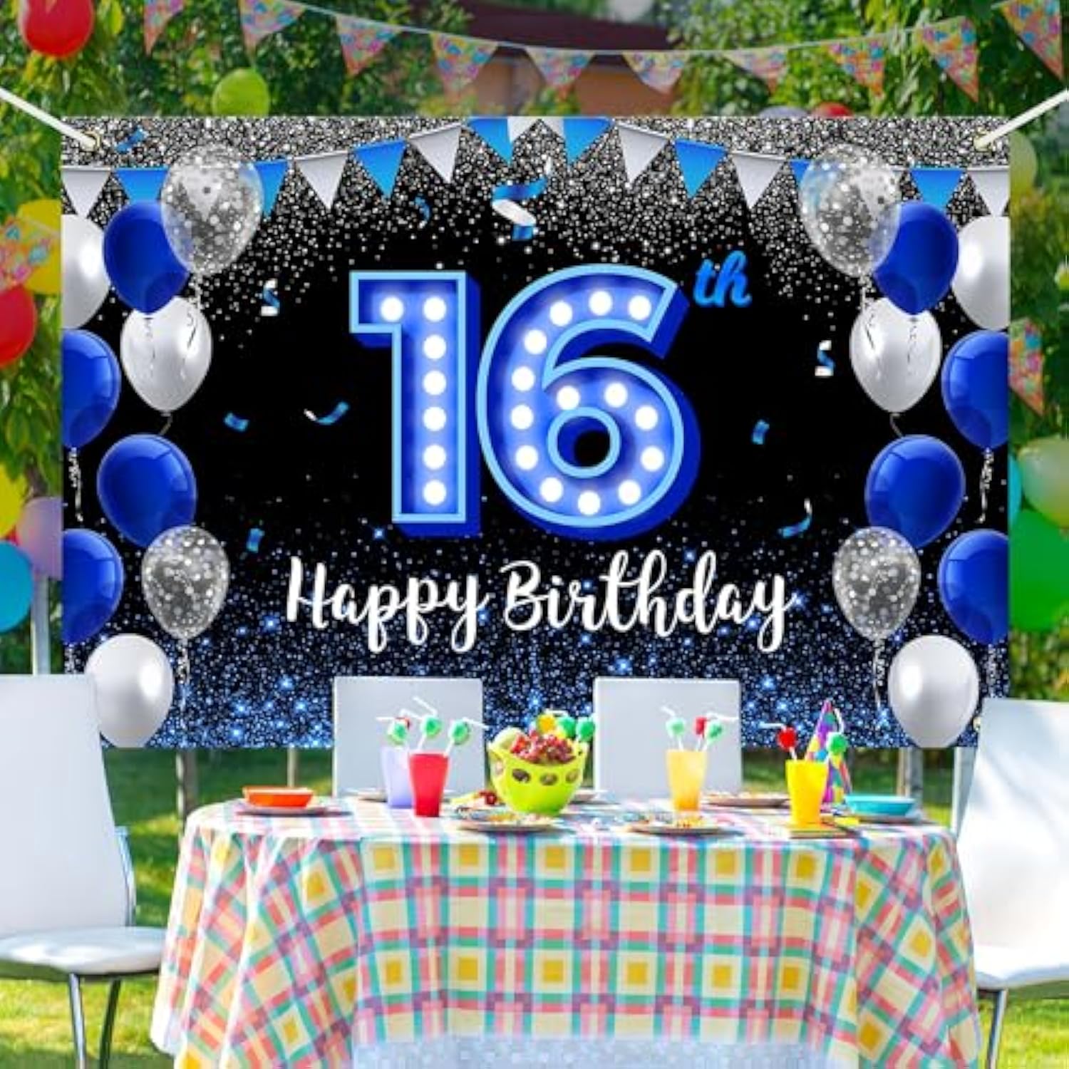 Happy 16Th Birthday Backdrop Banner Blue Black Theme Background With Blue Neon Light Shiny Fashion Birthday Party Photo Photography Prop Booth Background For Boys Girls Celebration 70.8X47.2In-