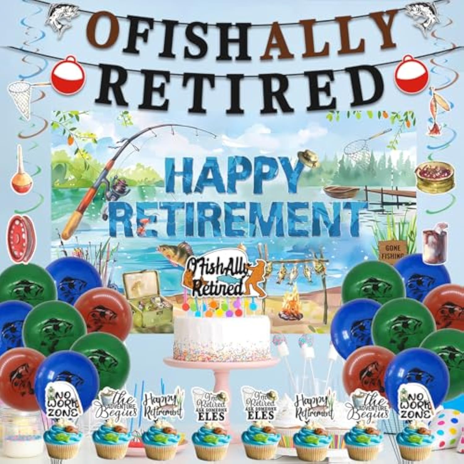 Retirement Party Decorations Men Women, Ofishally Retired Banner Balloons Cake Topper Hanging Swirls Kit, Gone Fishing Themed Happy Retirement Party Supplies For Coworker Photo Backdrop
