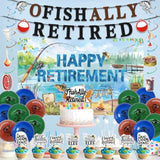 Retirement Party Decorations Men Women, Ofishally Retired Banner Balloons Cake Topper Hanging Swirls Kit, Gone Fishing Themed Happy Retirement Party Supplies For Coworker Photo Backdrop