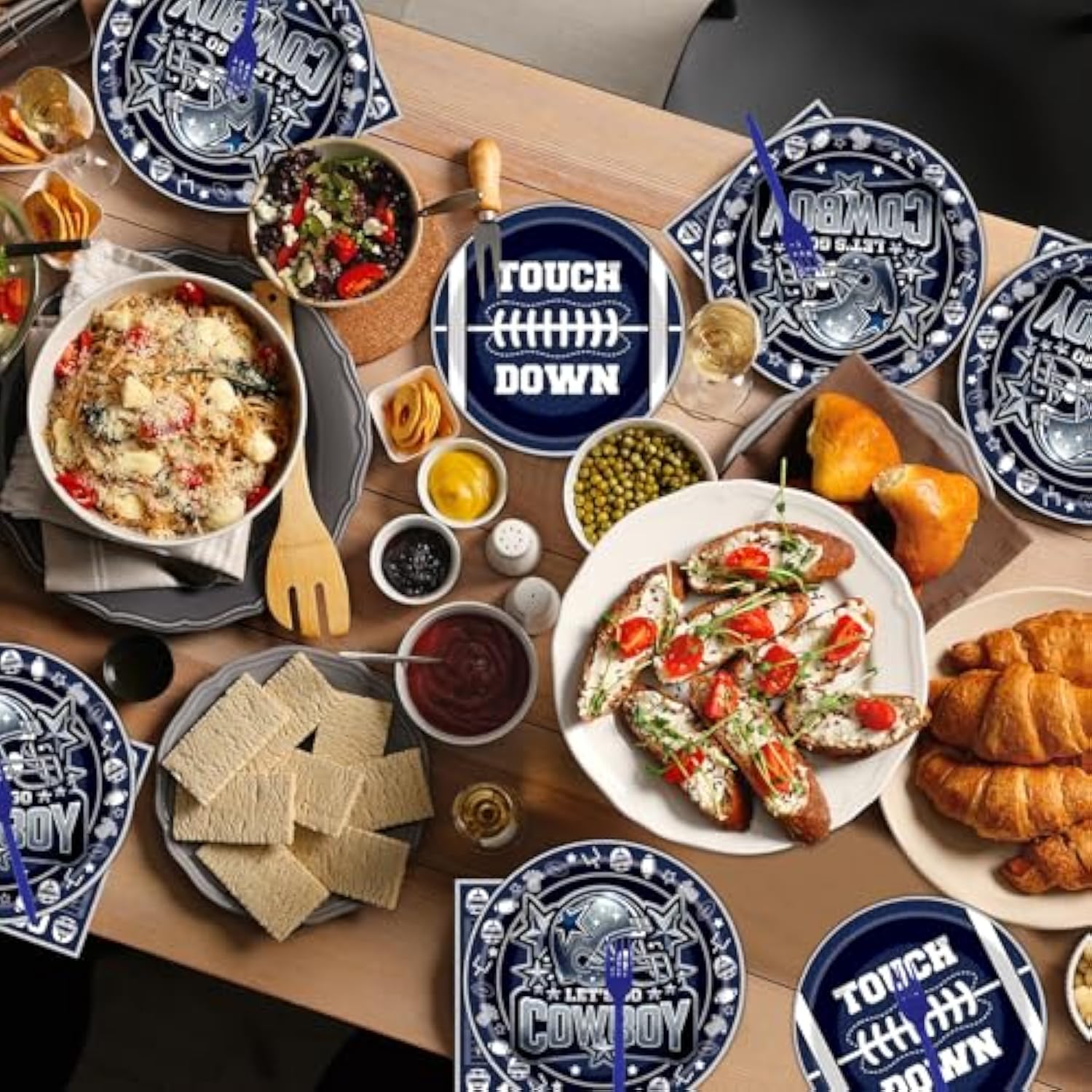 Cowboy Football Party Decorations - 96 Pcs Blue Cowboy American Rugby Tableware Set, Game Day Disposable Paper Plate Napkin Fork, Sports Birthday Party Supplies For Boys Men, Serves 24 Guests