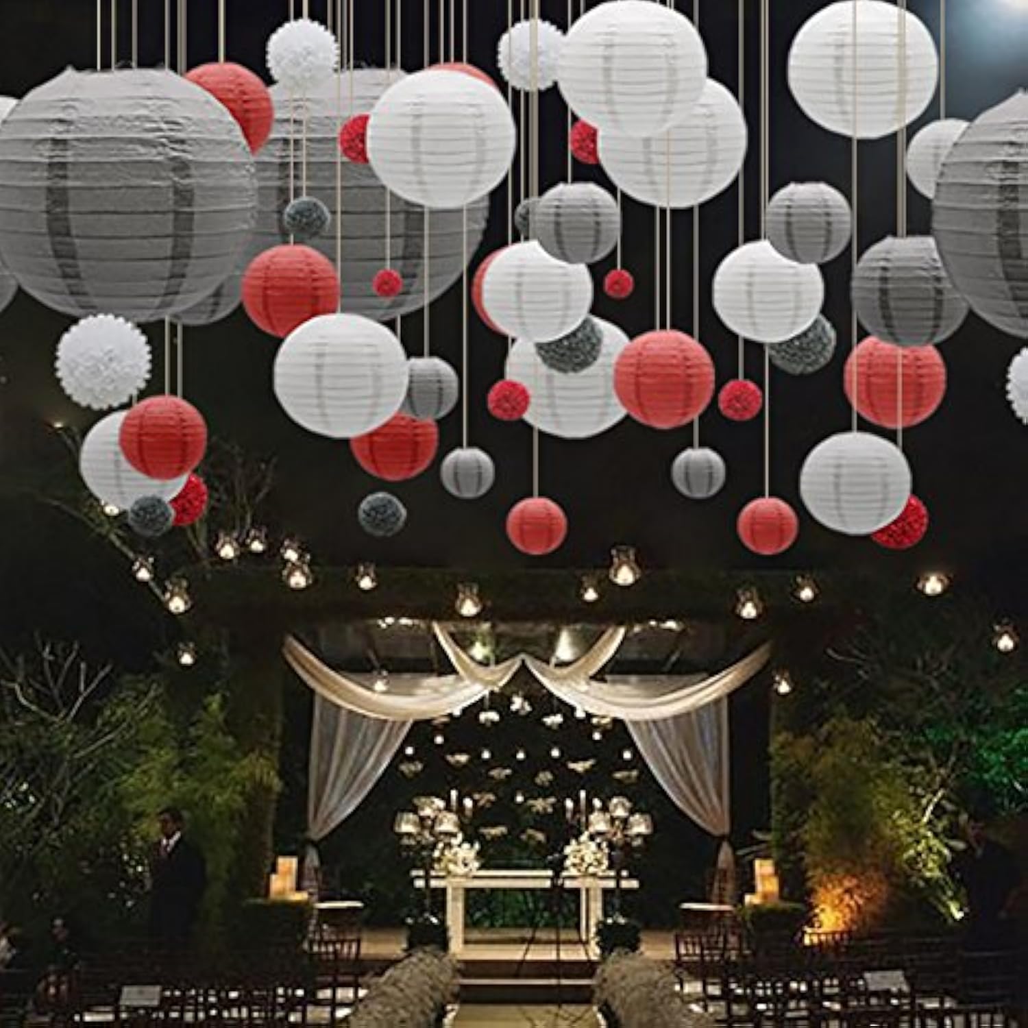 Hanging Party Decorations Set, 15Pcs Red Gray White Paper Flowers Pom Poms Balls And Paper Lanterns For Wedding Birthday Bridal Baby Shower Graduation
