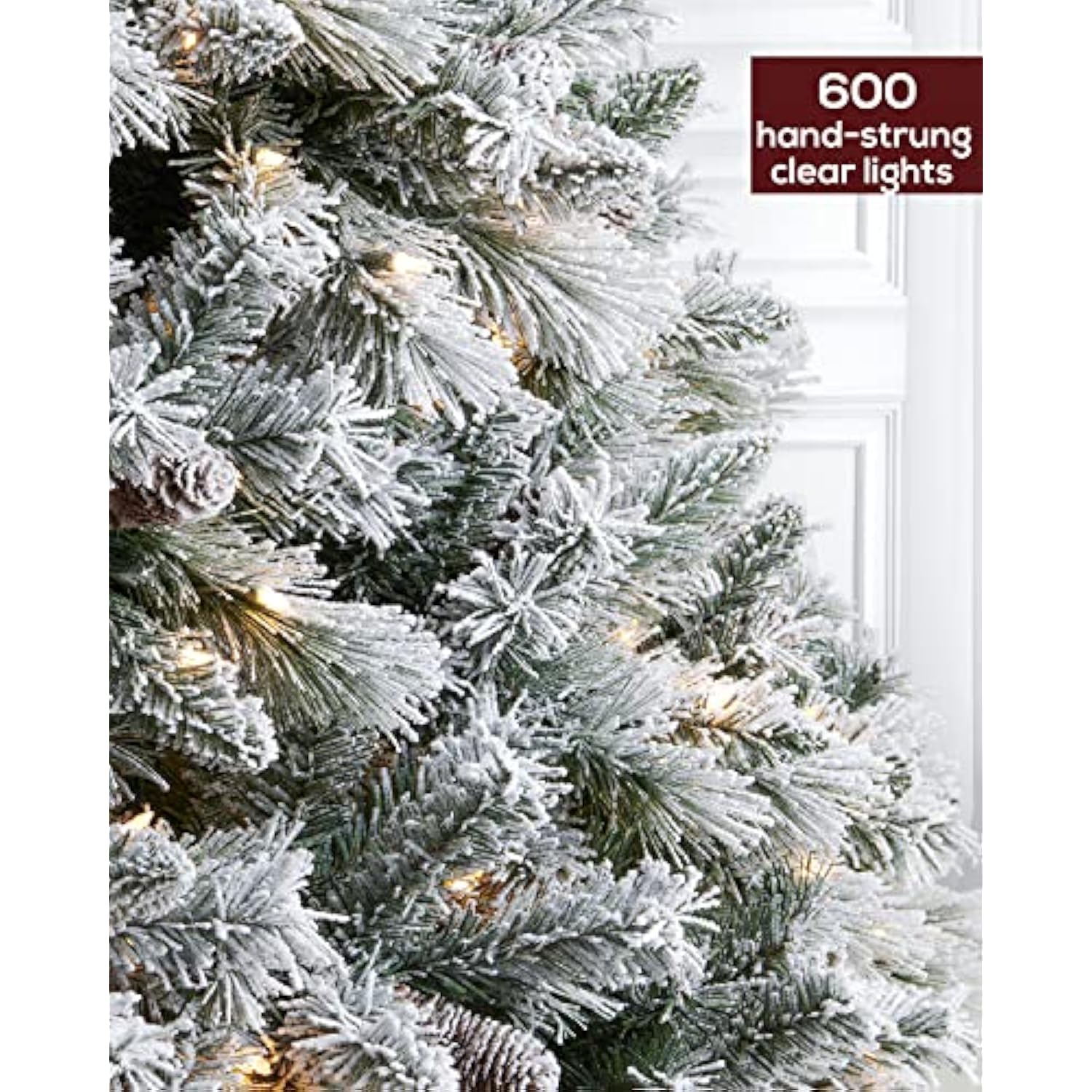 Pre-Lit Christmas Tree 7.5Ft Snow Flocked, Artificial Spruce, 600 Clear Lights, Feel Real Hinged Xmas Trees
