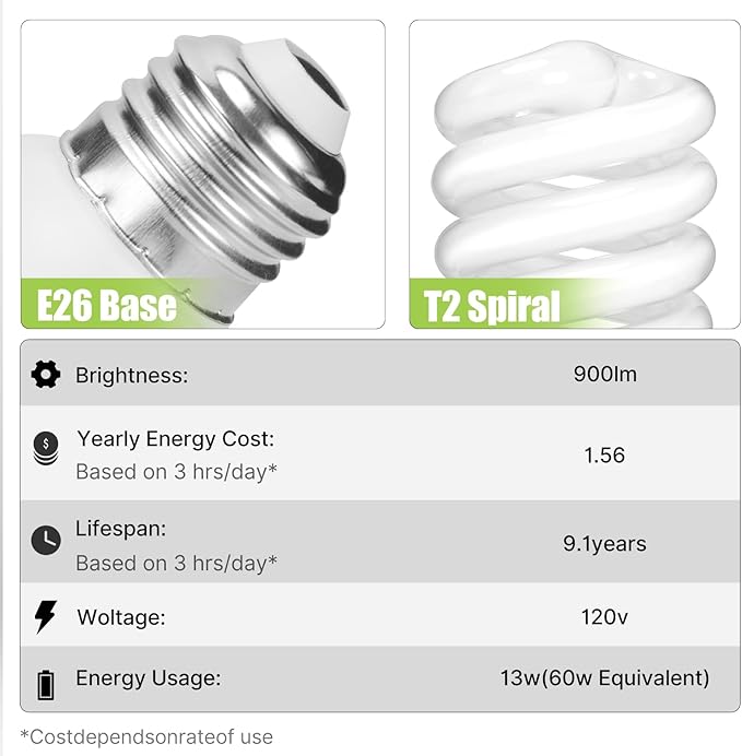 E26 CFL Light Bulbs T2 Spiral 13W 60W Equivalent 2700K Soft White 900 Lumens UL Approved 2 Pack