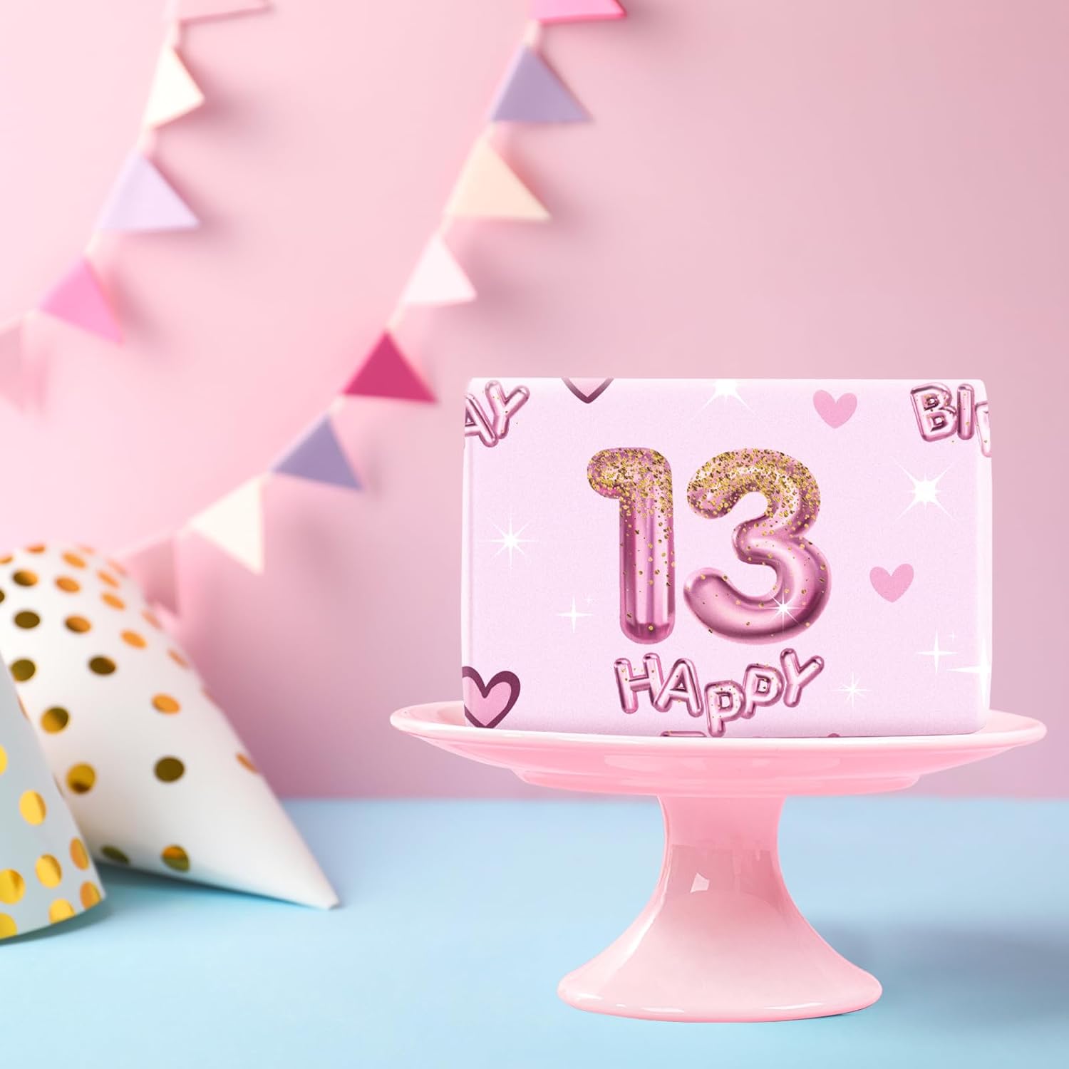13Th Birthday Wrapping Paper Girls, Hearts And Pink Number 13 Balloons Happy Birthday Design, 13 Years Old, Mini Roll, 17 Inches X 16.4 Feet, Perfect For Girls' Birthday Party Gifts